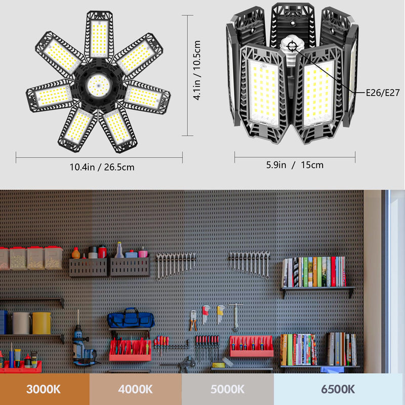 LED Garage Light 2 Pack - 200w 20000LM 6500K Garage Lights Ceiling Led with 7+1 Adjustable Panels, Led Shop Lights Screw in E26 E27 Bulb Socket for Workshop Garage Lighting