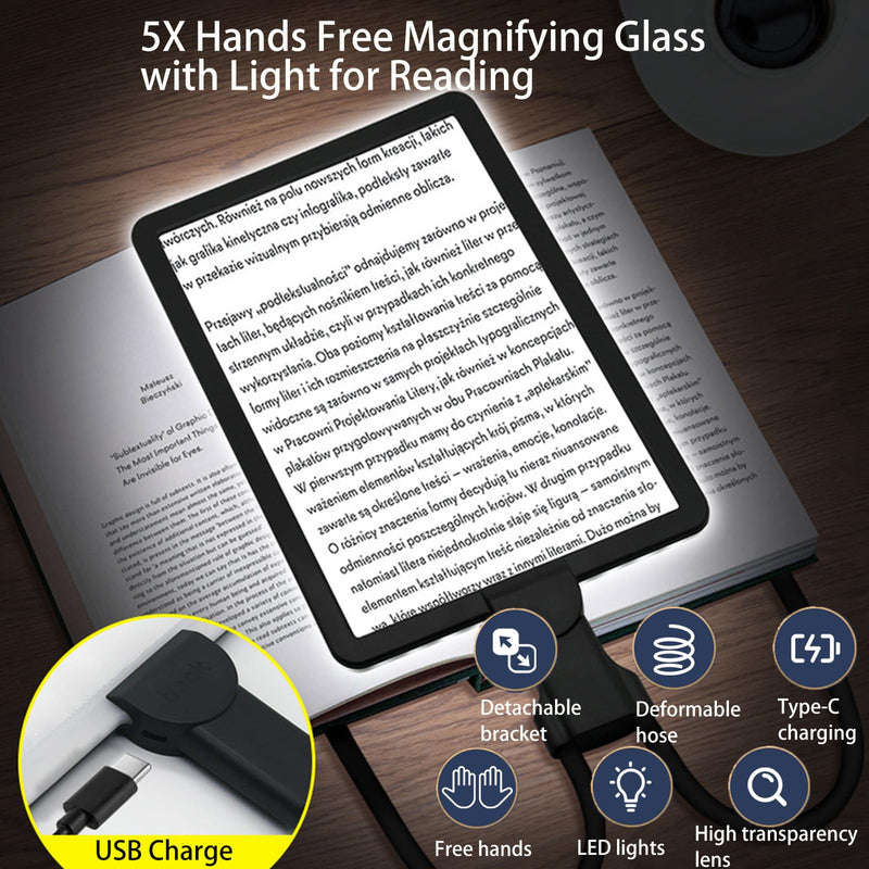 5X Hands Free Magnifying Glass with Light for Reading,LXIANGN Large Neck Wear Magnifier for Reading Books,Sewing, Cross Stitch,Low Vision Seniors with Aging Eyes 5x