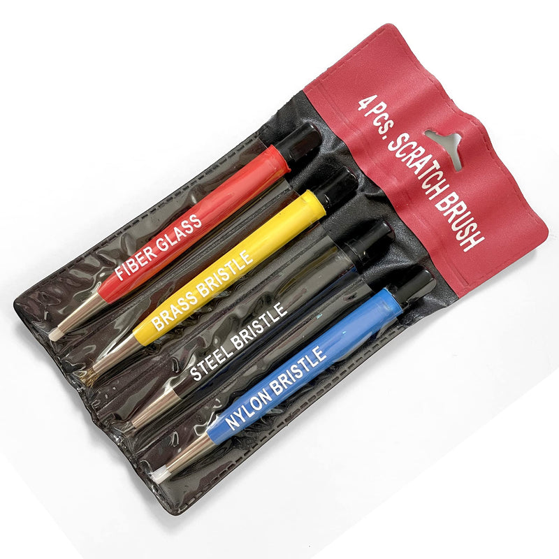 Pixiss Scratch Brush Pen Set With Replacement Tips, Fiberglass, Steel, Brass, Nylon, 5-inches Pen Style Prep Sanding Brush 4-Pack For Corrosion, Rust, Jewelry, Circuit Boards and Auto Body Work