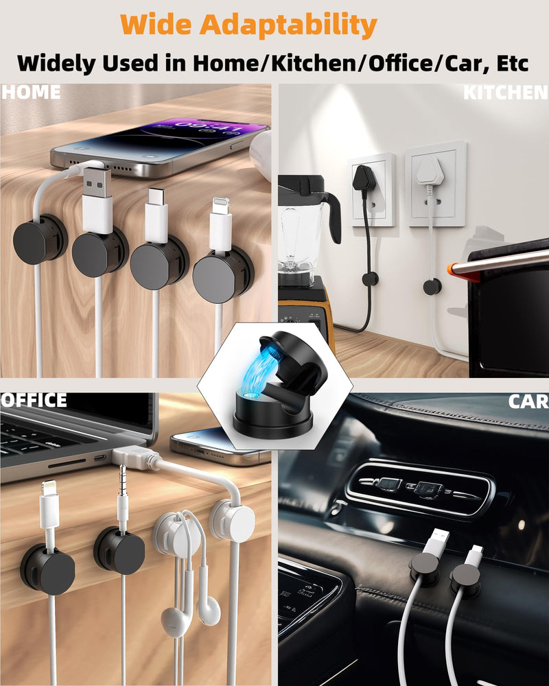 6 Pack Magnetic Cable Organizer, 360° Adjustable Cord Holder, No-Residue Nano Acrylic Adhesive Cord Clips Charger Cable Management for Office Home Desk Phone Car Wall Desktop Nightstand(Black) Black