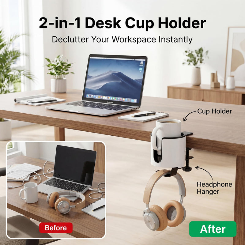 GUNKING Luxury 2-in-1 Anti-Spill Cup Holder with Under Desk Headphone Hanger (White) WHITE