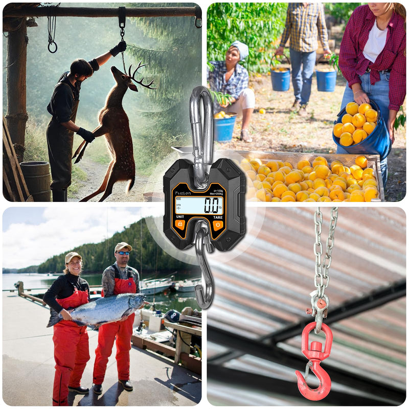 Fuzion Mini Crane Scale - Hanging Scale 440lb/200kg/1960N, Deer Scale with Large LCD Display, Hold & Tare Functions for Hunting, Farms, Fishing, No Setup Required Black+Orange