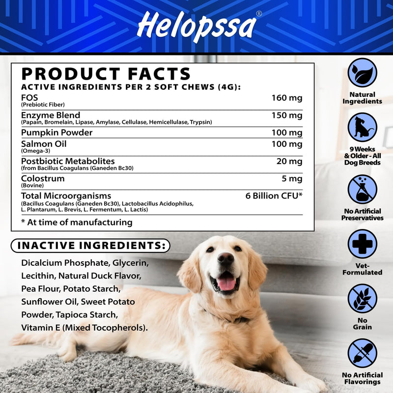 Probiotic Chews for Dogs - 6 Probiotic Strains, Prebiotic Fiber, 7 Digestive Enzymes - All Breeds - Duck Flavor Soft Dog Chewables