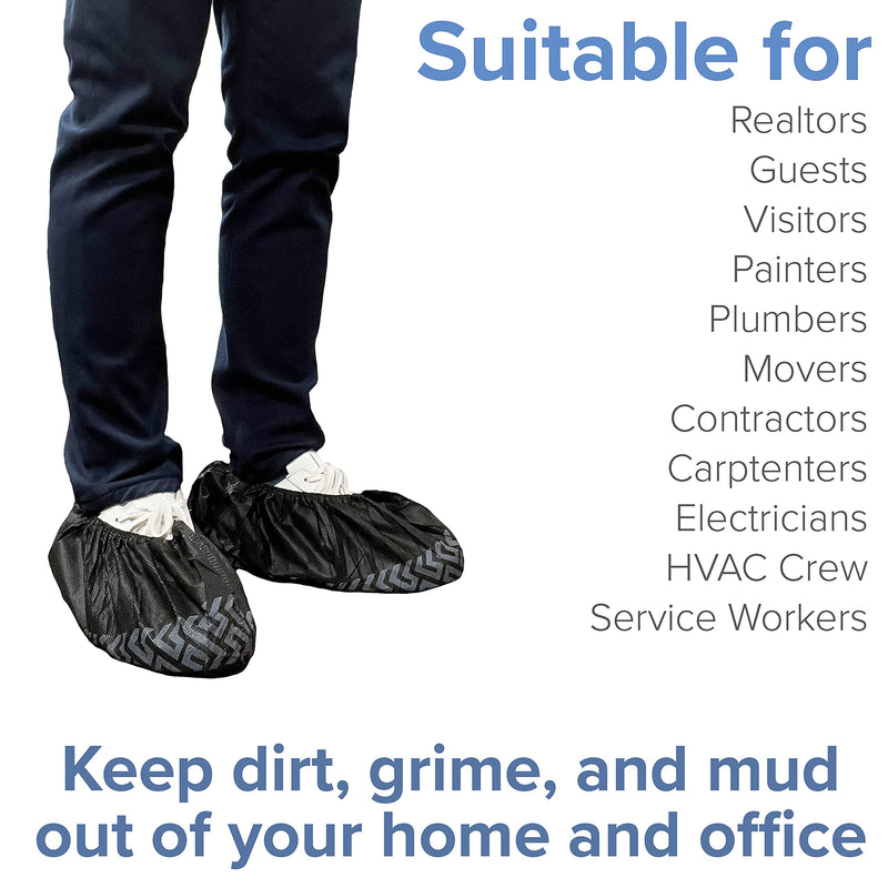 Innovative Haus 100 Pack (50 Pairs) Black Extra Large Disposable Boot and Shoe Covers Disposable - Indoors Reusable Booties for Shoes Covers - Non Slip Treads - Fits US Men's 14 and Women's 16