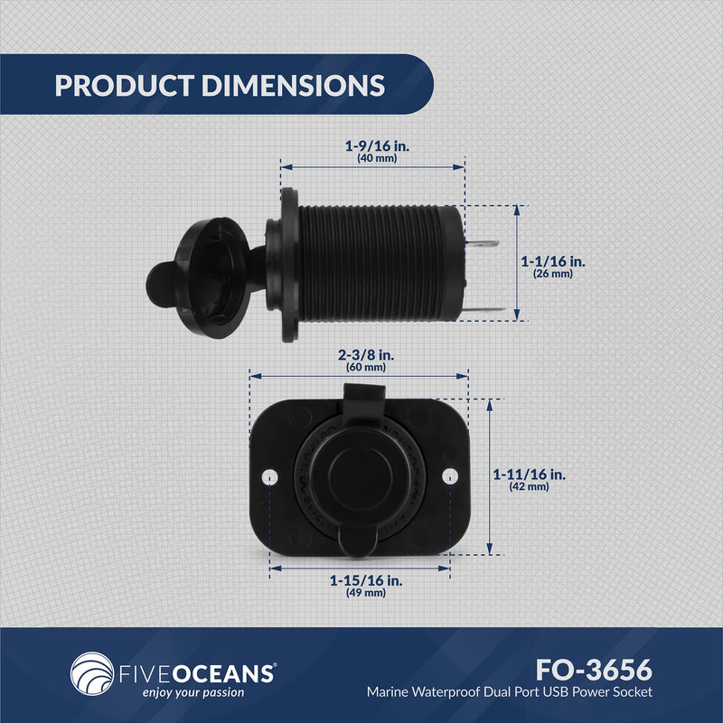 Five Oceans Marine Waterproof Dual Port USB Power Socket, 12 Volts - 24 Volts, UV-Stabilized ABS Plastic, Easy Installation, Sport, Pontoon, Fishing Boats, LED Power Indicator - FO3656