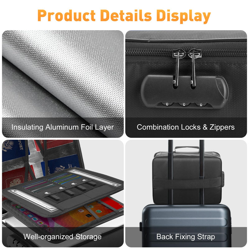 Kanhiro Fireproof Document Box with Lock - Upgraded Waterproof Fireproof Document Bag, Important Document Organizer, Fire Proof Safe for Home Documents, Passport, Laptop, Certificates