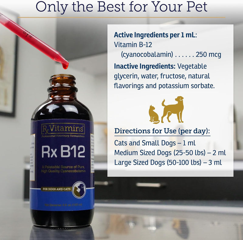 Liquid Vitamin B-12 Complex Drops for Dogs and Cats - Nutritionally Balanced Vet Formulated - Energy, Appetite, Mood - Recovery - Helps Cognition and Brain, Joints, Skin, Digestion - PawsPlanet Australia