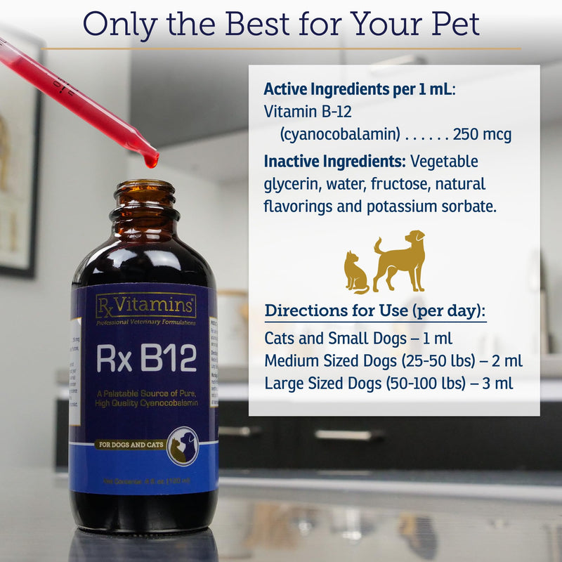 RX Vitamins B12 for Dogs and Cats - Dog Digestive Support for Improved Metabolic Process - Pure B12 for Cats to Support Nervous System - Ideal for your Dog Vitamins and Cat Supplies - 4oz