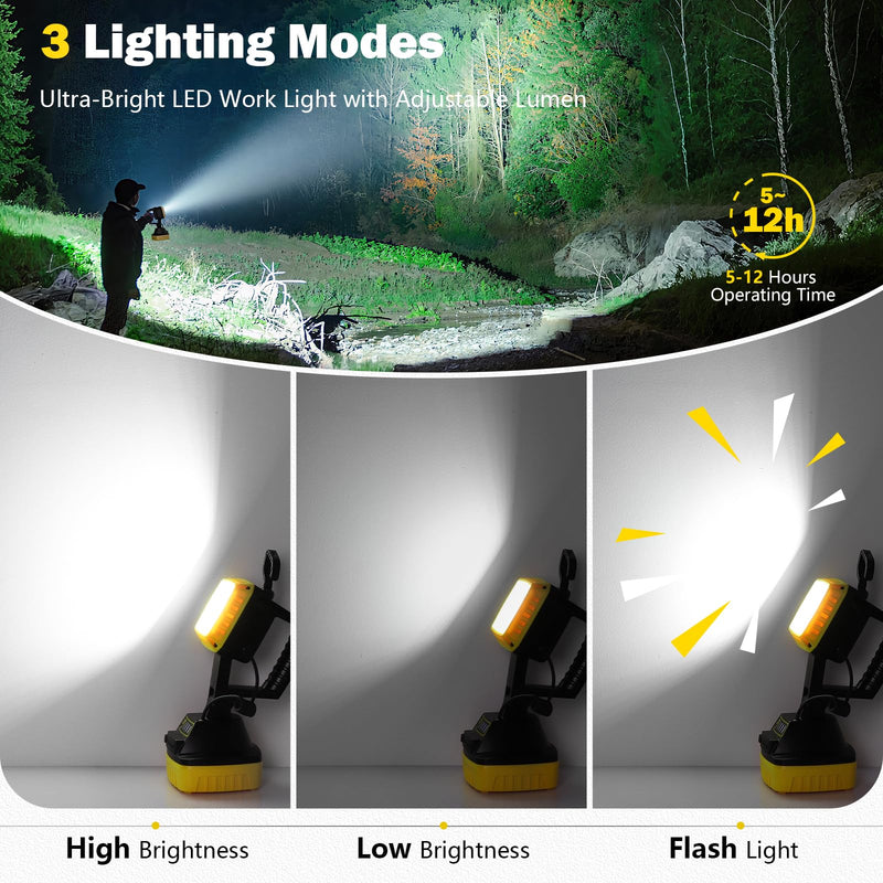 Rechargeable LED Work Light 6000 Lumen, 3 Modes Rotate Spotlight Flashlight, Magnetic Base and Hook Mechanic Light, Waterproof Handheld Spot Light Searchlight for Outdoor, Repairing, Emergency