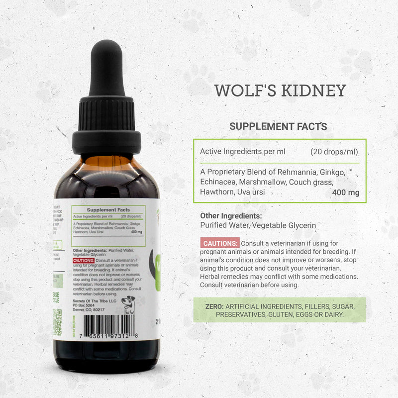Wolf's Kidney | Natural Herbal Dietary Supplement | Healthy Kidney Function Support in Dogs | Alcohol-Free Extract, Rehmannia, Ginkgo, Echinacea, Marshmallow, Couch Grass, Hawthorn, Uva Ursi 2 oz - PawsPlanet Australia