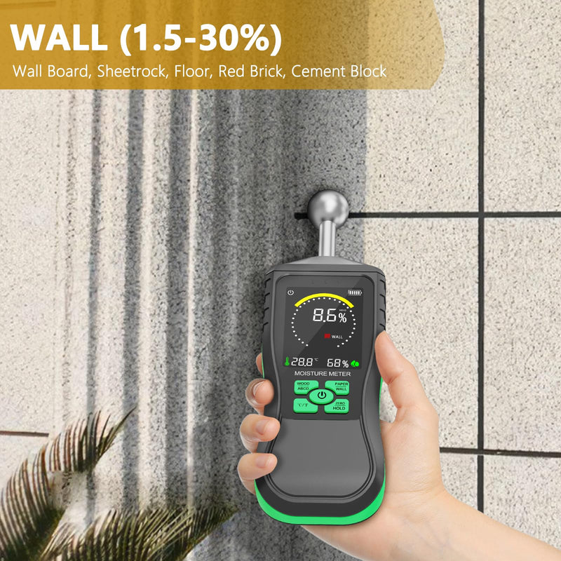 Pinless Moisture Meter, Non-Destructive Spherical Probe Moisture Tester for Wood, Drywall, Concrete & Masonry, Digital Water Leak Detector for Household & Construction Use