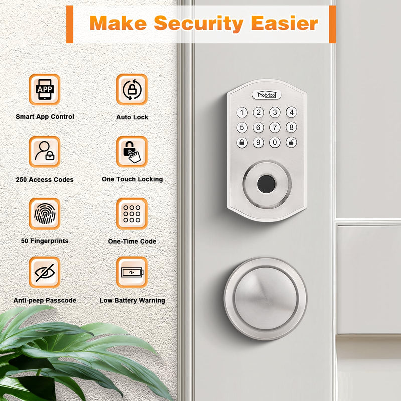 Probrico Smart Keyless Entry Door Lock with Knob Set, Fingerprint Digital Door Lock for Front Door, Door Knob with Electronic Keypad Deadbolt Lock, Auto Lock, App, Satin Nickel