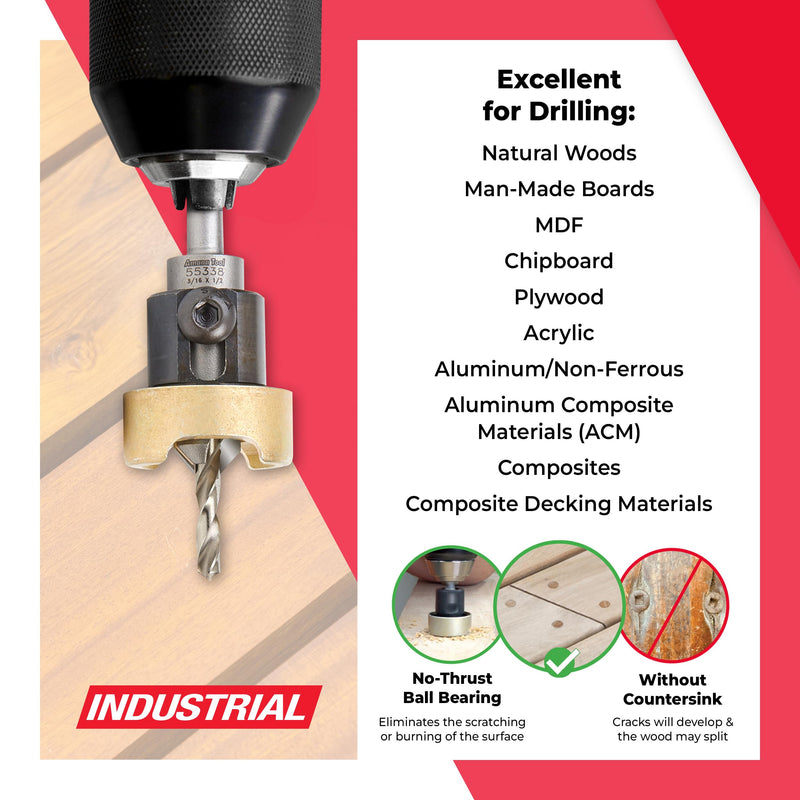 Amana Tool Carbide Tipped Countersink Drill Bit and Depth Stop, Compatible with Festool CENTROTEC, 55338, 1/2 D x 3/16 Drill Dia x 1/4 Inch Shank