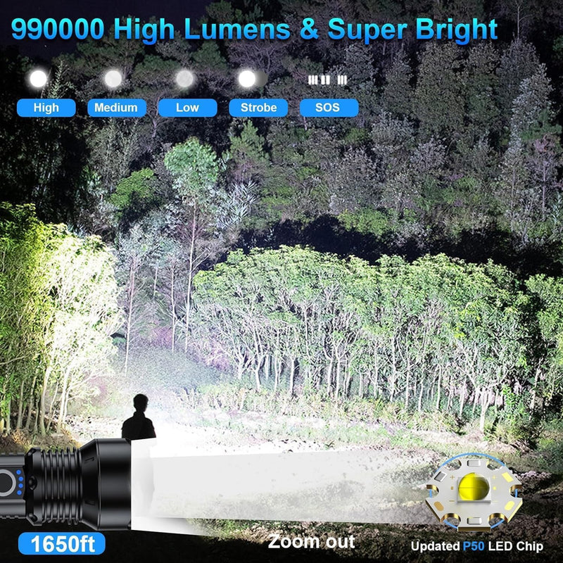 Rechargeable Flashlights 990,000 High Lumens - 2 Pack, Super Bright 12 Hours Long Life LED Flashlight with 5 Modes, High Powered Flash Light for Home, Outdoor Black