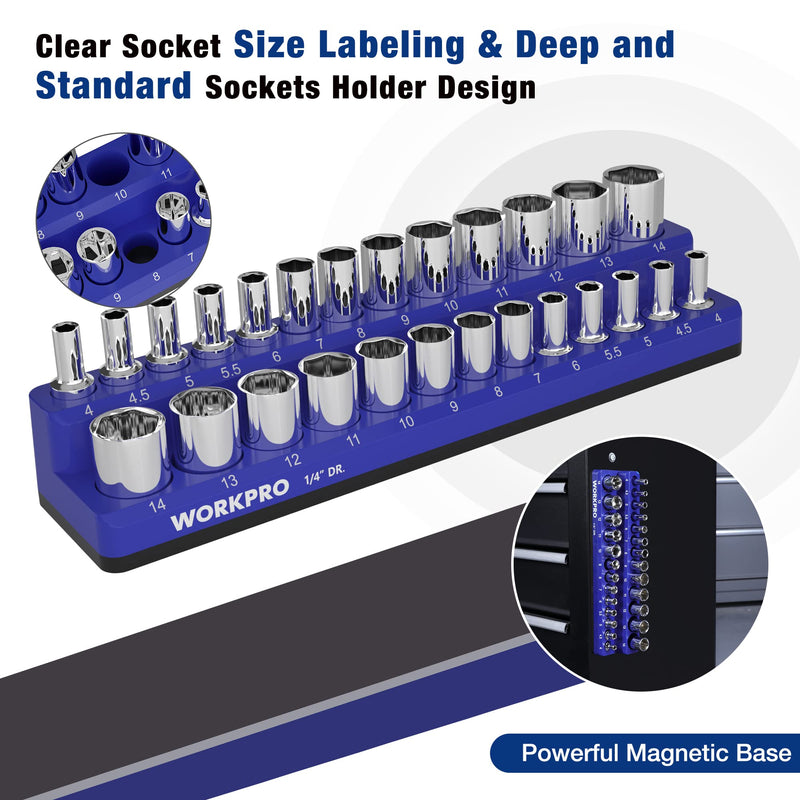 WORKPRO Magnetic Socket Organizer, 1/4-Inch Metric Socket Holder, Socket Trays Holds 26 Pieces Standard Size and Deep Size Sockets(Socket not Included) 1/4" DR, Metric
