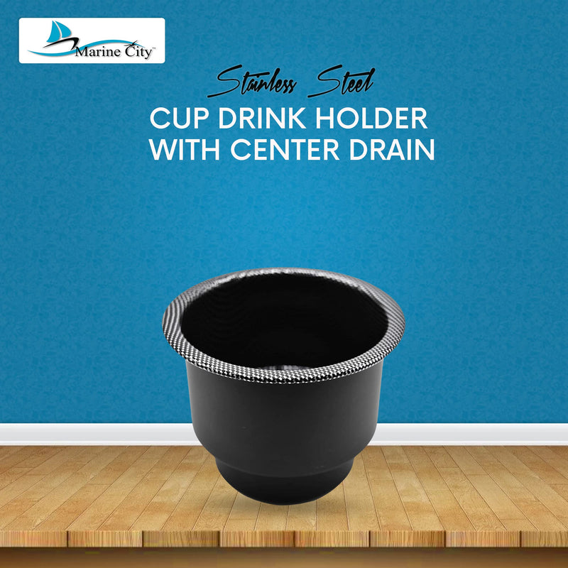 MARINE CITY Stainless Steel Cup Holder – Black Carbon Fiber Print, Marine Grade, Center Drain Hole – for Boat, Yacht, Ship, Kayak, Poker Table & Countertop (1 Pack)