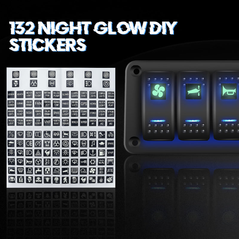 4 Gang Rocker Switch Panel with 4.8 A Dual USB Charger and Voltmeter Pre-Wired Waterproof 12V/24V DC Aluminum Switch Panel with 132PCS Night Glow Stickers for Cars UTVs ATVs Trucks Boats RVs 4 Gang Right