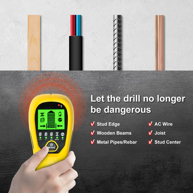 Multi-Surface Stud Detector | 5-in-1 Wall Scanner with HD LCD & Precision Sensor | Locates Wood/Metal/Pipes/AC Wires with Center Beam