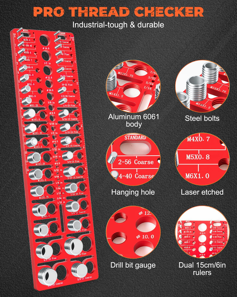 57 Pcs Nut and Bolt Thread Checker - 21 Standard + 17 Metric Thread Gauges | 19 Drill Bit Gauges, Wall-Mountable Bolt Size Finder for Fastener & Drill Bit Identification