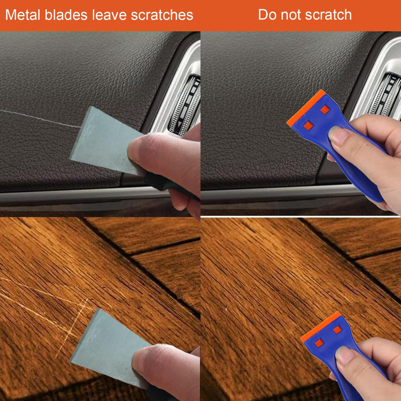 4 PCS Plastic Razor Blade Scraper and 120 PCS Plastic Razor Blades, Cleaning Scraper Tool for Remover, Adhesive, Stickers, Decals, Glass, Labels, Cars Windows Blue