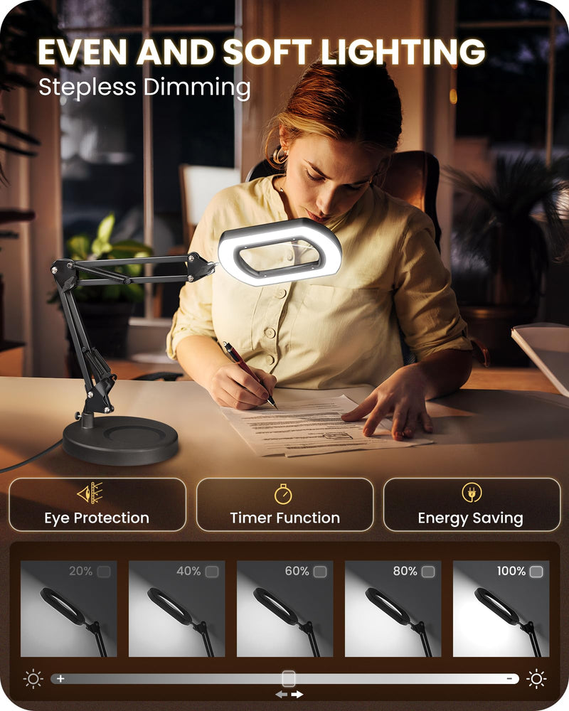 10X Round Magnifying Glass with Light and Stand, 2-in-1 LED Lighted Desk Lamp & Clamp, 5 Color Modes Stepless Dimmable, Hands-Free Magnifier Desk Lamp for Reading Craft Close Work B02DL05 Round Base & Clamp