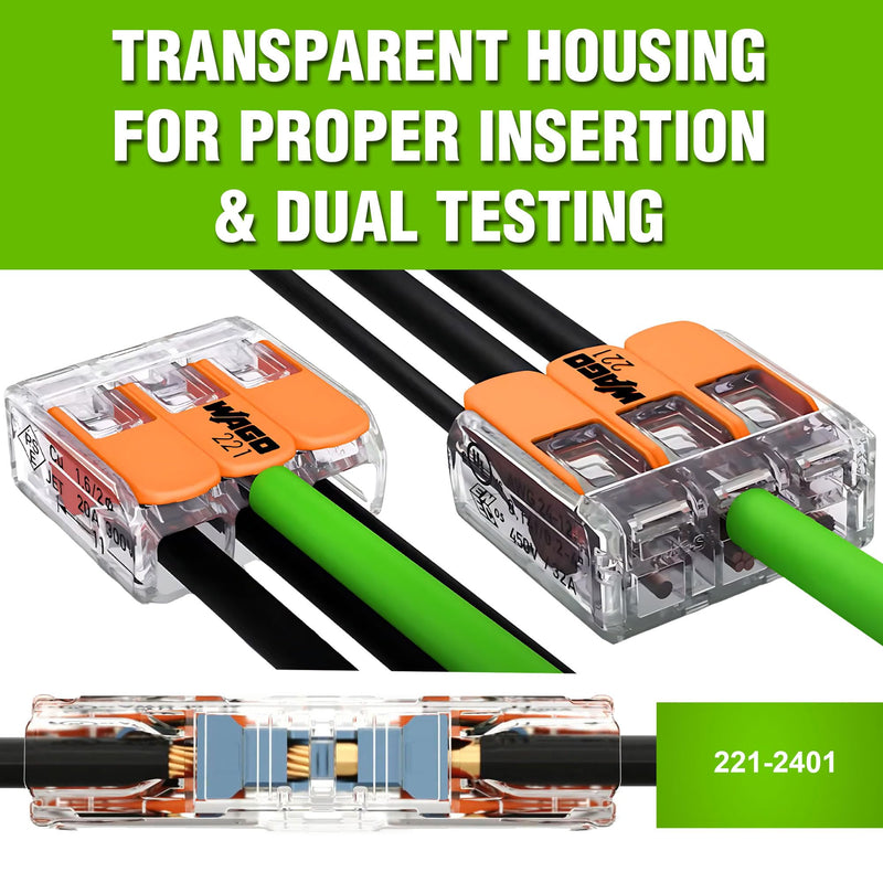 WAGO 221-2401 20pc Inline Compact Splicing Wire Connectors | Includes 20pc 221-2401 (2 Conductor) | WAGO Wire Connectors | WAGO 221 Wire Nuts | WAGO 221 Series Inline | WAGO Inline Wire Connectors 20