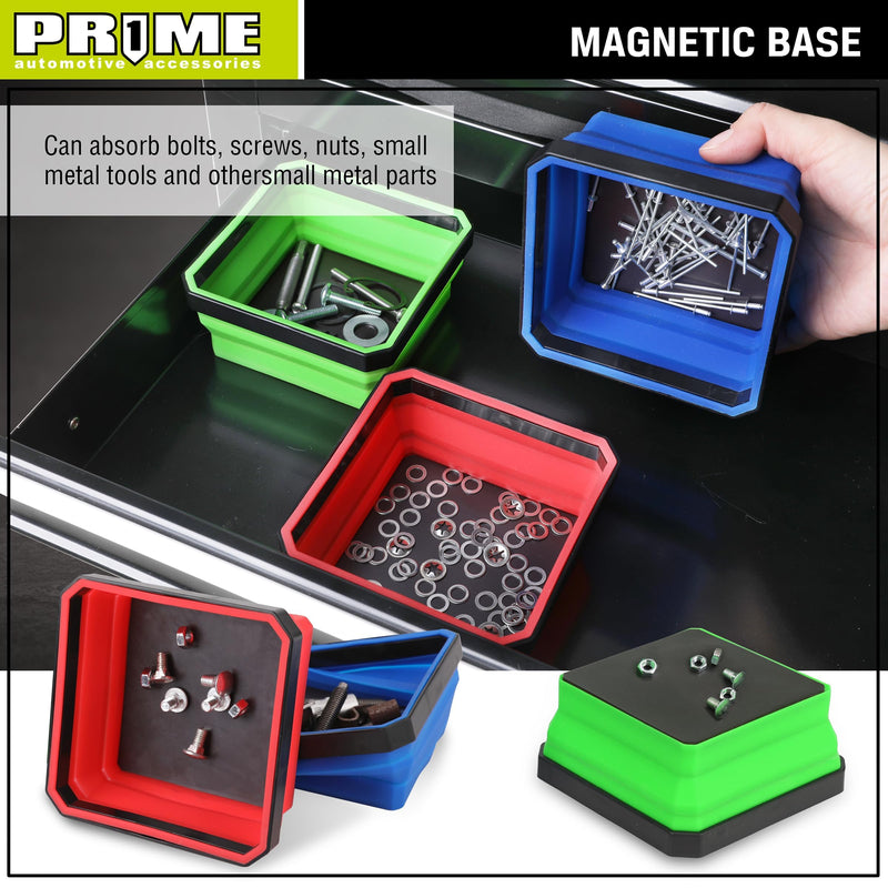 PR1ME Upgrade Collapsible Magnetic Parts Tray Set, 3 Pack, Foldable Magnetic Tool, 4.25 inch Square Silicone Bowls with Magnetic Base Stores and Organizes Small Parts and Tools Upgrade Trays