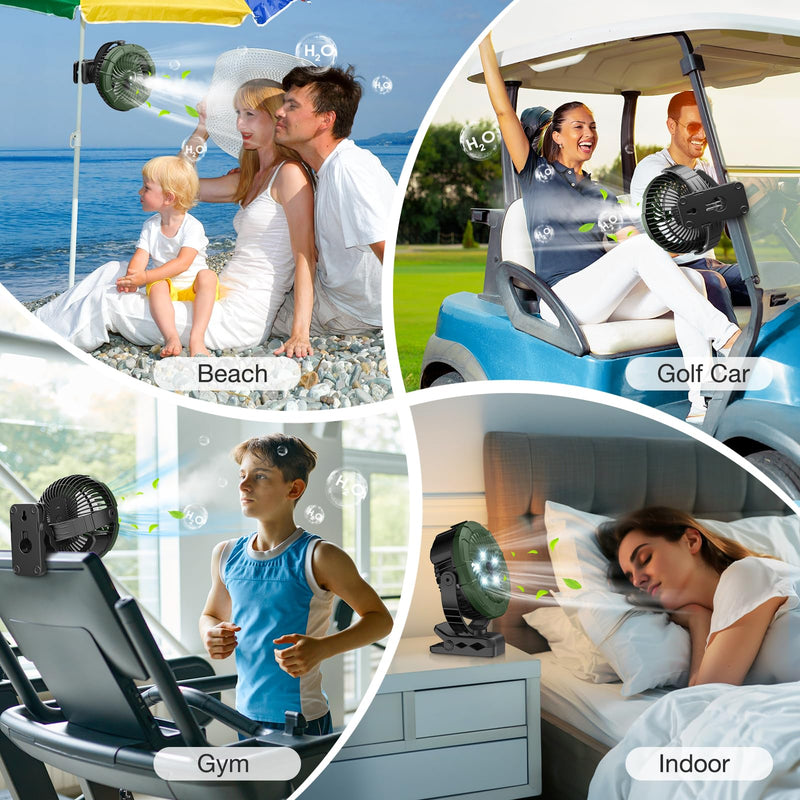 Ausic Portable Misting Clip on Fan, Golf Cart Fans, Max 45H Runtime, 100ml Camping Stroller Fan with LED, 360° Rotate Cooling Spray, Outdoor Rechargeable Battery Fans for Travel/Home/Beach Green