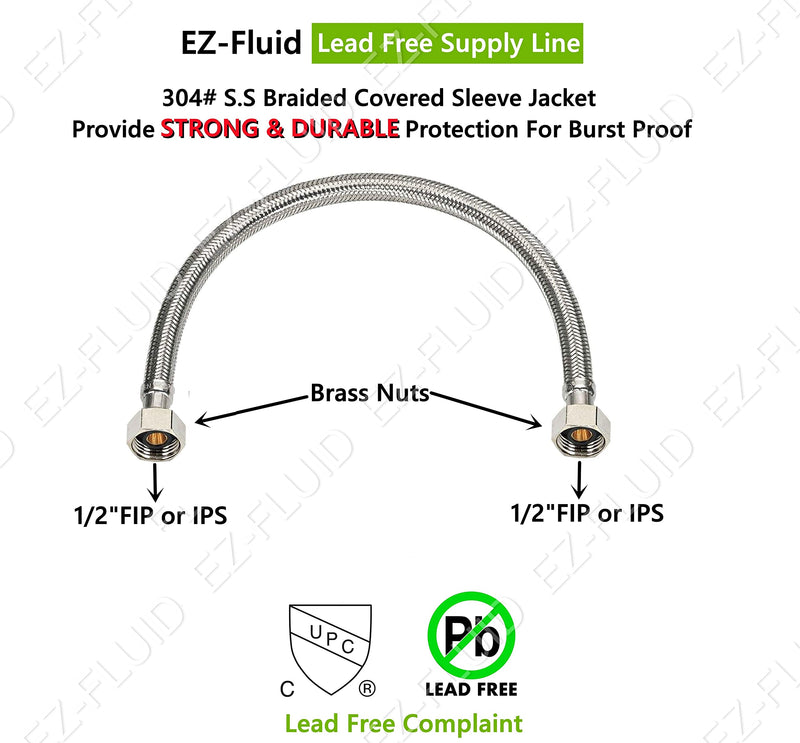 EZ-Fluid 16-Inch 1/2" FIP X 1/2" FIP Stainless Steel Braided Faucet Supply Line Connector,Faucet Water Supply Hose Connector Lines Facuet Water Supply Line For Bathroom,Kitchen sink Facuet (1 Pc) 16"