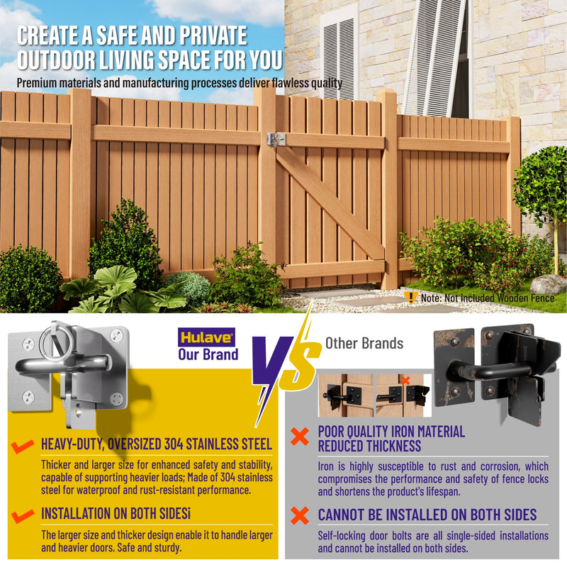 Hulave 304 Stainless Steel Fence Gate Latch, Self-Locking Gravity Gate Latch, Heavy Duty Privacy Gate Latch for Wooden Fence, Metal Gate & Vinyl Fence Gate Hardware (Silver) Silver
