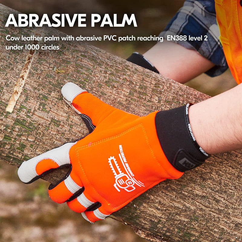 Vgo... Chainsaw Gloves,12-Layer Saw Protection on Left/Both Hand Back,Cow Leather Gloves,Touchscreen Large(Pack of 1) Orange-both Protection