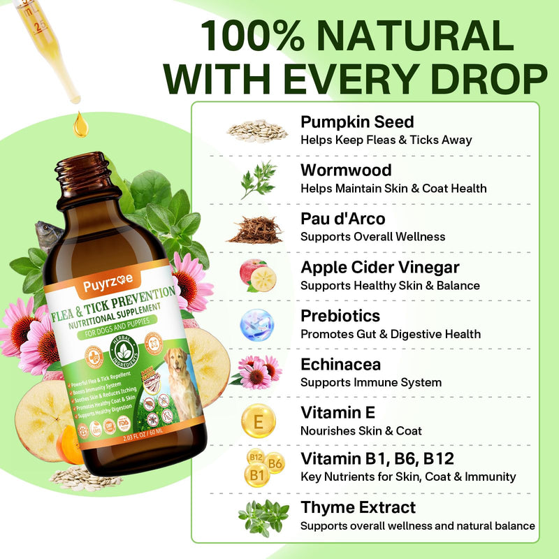 Puyrzoe Dog Flea Treatment Drops, Natural Oral Flea and Tick Prevention for Dogs with Pumpkin Seed, Echinacea, Omega-3/6/9- Support Immunity, Healthy Skin & Coat, Digestion & Overall Wellness