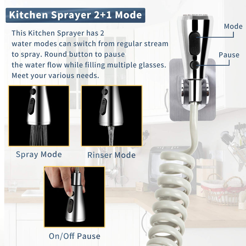 CECEFIN Kitchen Sink Sprayer Hose Attachment for Faucet, Kitchen Faucet Head Replacement w/ 79" Recoil Hose and Holder, Pressurized Water Saving Aerator & Diverter Valve, Faucet Sprayer Attachment Set F- Grey- ON/OFF Pause Sprayer