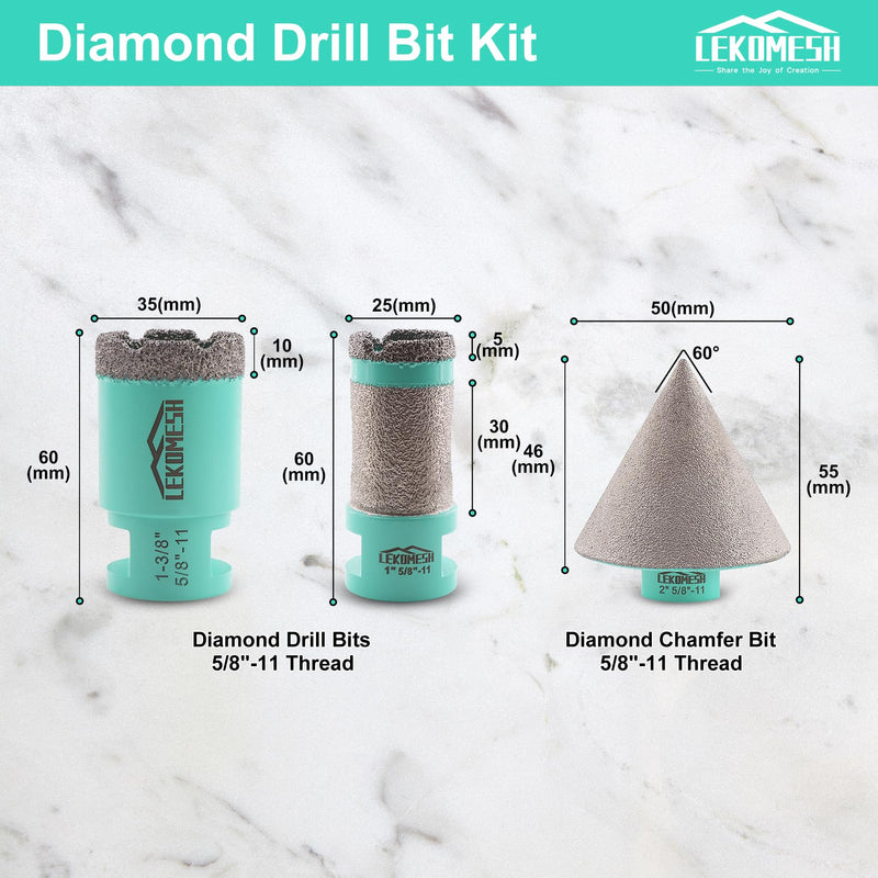 Diamond Core Drill Bits - 5/8"-11 Thread for Porcelain Tile, Ceramic, Marble, Brick, Concrete (35mm, 25mm, 50mm Chamfer Bits)