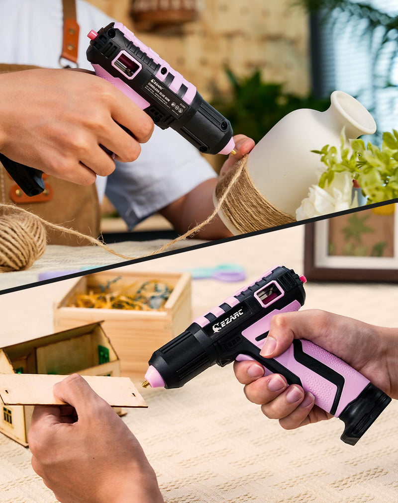 EZARC Cordless Hot Glue Gun, 15s Heating Fast Glue Gun Kit with 30 Pcs Mini Glue Gun Sticks, Automatic-Safety-Power-Off, Built-in 2500 mAh Lithium-ion for Art, Crafts, Decorations, Home Repairs Pink