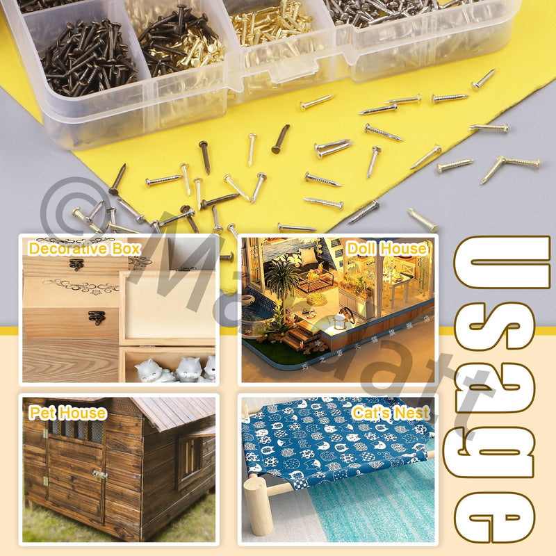 1600Pcs 3 Sizes Small Tiny Nails Assortment Kit, 1x6mm, 1x8mm 1x10mm Tiny Wooden Nails Hardware Tiny Nails Assorted Wall Nails Set for Pictures Hanging Woodworking Gold Bronze Silver