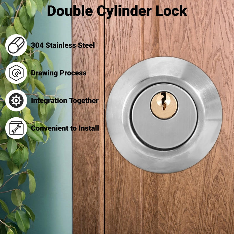 Double Cylinder Lockset, Double Cylinder Lock, Keyed Deadbolt on Both Sides with Adjustable Two Way for Enhanced Front Door Security (Stainless Steel)