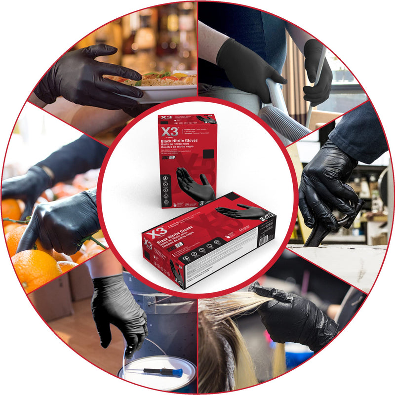 X3 Black Nitrile Disposable Industrial-Grade Gloves 3 Mil, Latex and Powder-Free, Food-Safe, Non-Sterile, Lightly-Textured Large (Pack of 100) Box of 100