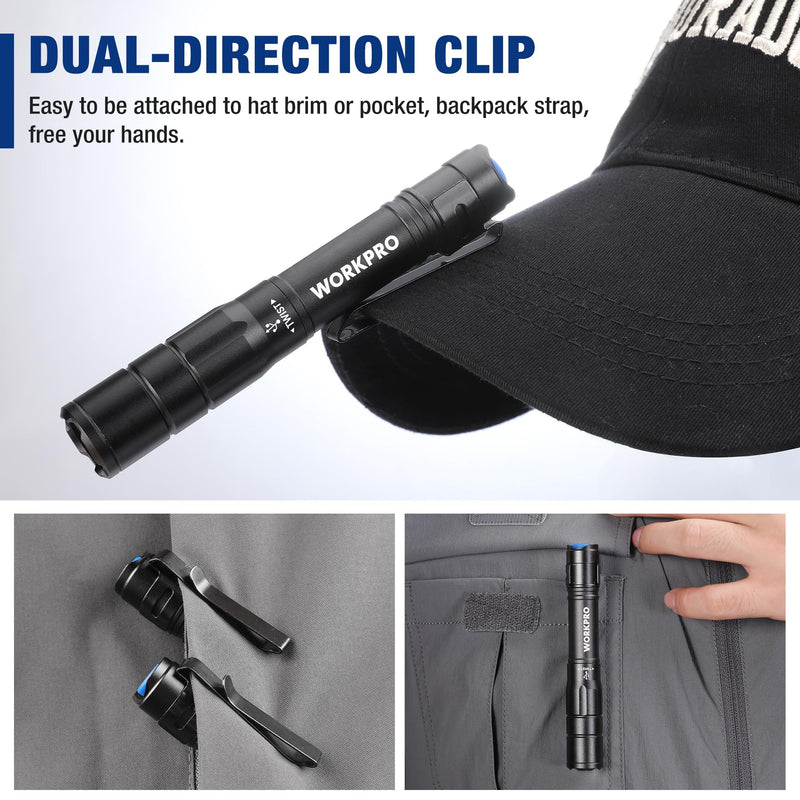 WORKPRO Rechargeable Pen Light, Mini Flashlight, 2 Pack Ultra-Compact EDC Flashlight, Pocket Flashlight with Clip, Memory Function and 2 x USB C Cable Included, Black