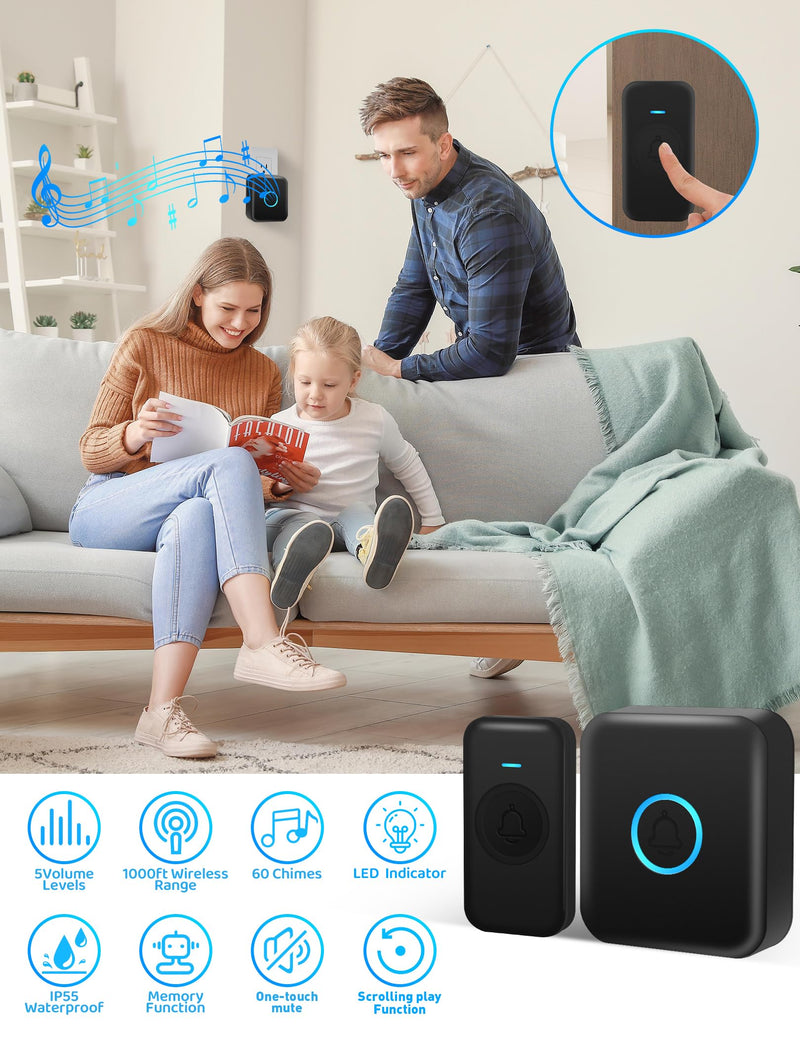 Wireless Doorbell, Waterproof Door Bell Operating at 1000ft with 60 Chimes & 5 Levels Volume for Home Classroom Office Hospital (1 Receiver & 1 Button, Black)