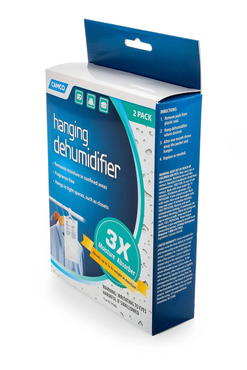 Camco 44286 Fragrance Free Hanging Dehumidifier-Convenient Hook Absorbs up to 3x Its Weight in Water, Reduces Moisture and Humidity in Closets and Tightly Confined Spaces, 2 Pack
