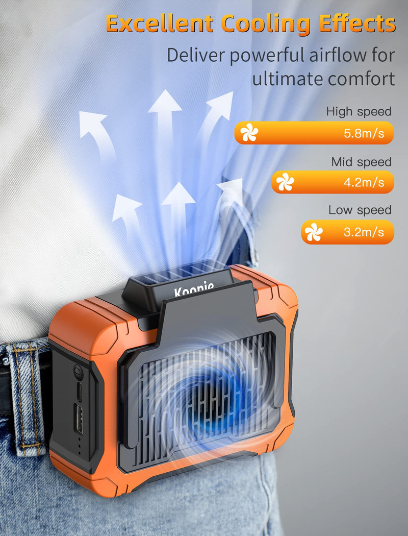 Koonie 10000mAh Waist Clip Fan with Solar Panel, 30H Working Time, Personal LED Light, Battery Powered Belt Fan, Strong Airflow, 3 Speeds, Body for Outdoor, Working, Camping, Hiking Orange-10000mAh