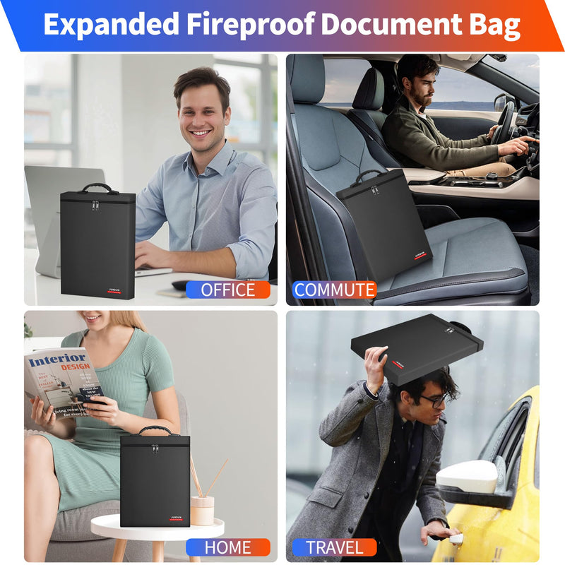 JUNDUN Fireproof Document Bag,6400°F,Upgraded Material Fireproof Money Bag,12x15x2 in Home Storage Pouch Holder for Legal Size Documents, Cash,Files and Laptop Black