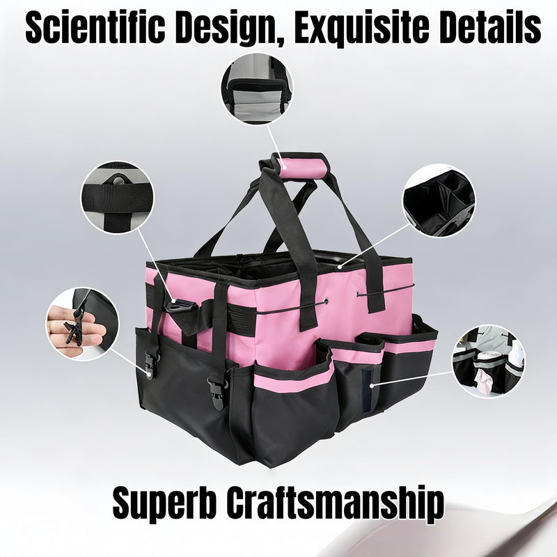 Tool Organizer Tote Bag, Pink and Black, Large Capacity with Adjustable Compartments, Portable Cleaning Storage Caddy, 14.96x10.63x9.06 Inches
