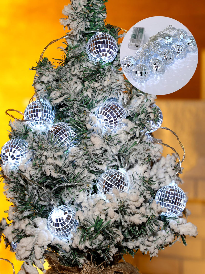 BBTO 10 LED Disco Ball String Light Mirror Disco Ball Ornaments 70s 80s 90s Disco Party Supplies Battery Powered Disco Balls with String for Christmas Tree Holiday Decor(Silver White,1.57 Inch) Silver White 1.57 Inch