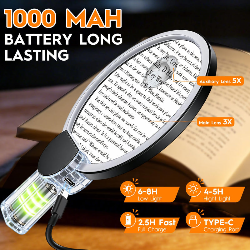 Magnifying Glass with Light for Reading, Hands Free Magnifier for Books with Dimmable, Included Small Magnifier, Neck Wear Large Screen Stand Glasses for Close Work Seniors Low Vision Rechargeable