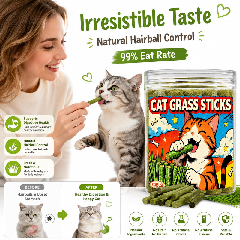 Cat Grass Teething Sticks for Indoor Cats - Freeze Dried Chew Toy for Hairball Control & Teeth Cleaning, 3oz Resealable Jar of Cat Grass Sticks 3 oz