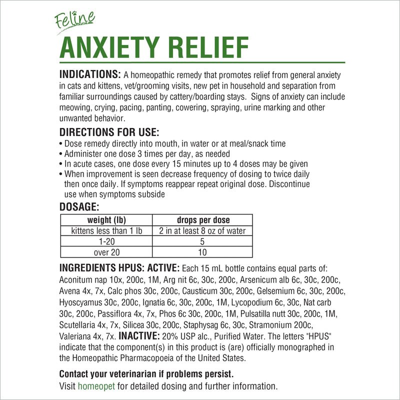 HomeoPet Feline Anxiety Relief, Stress and Anxiety Support for Cats, 15 Milliliters - PawsPlanet Australia