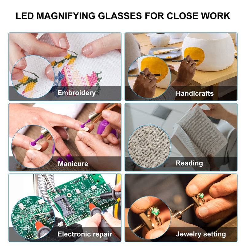 OKH 200% Magnifying Glasses with Light, Rechargeable LED Lighted Magnification Eyeglasses, Bright Sight Hands Free Magnifier Glasses for Close Work, Craft, Jewellers, Reading, Hobby Not Anti-blue Light (Pack of 1) 2.0x