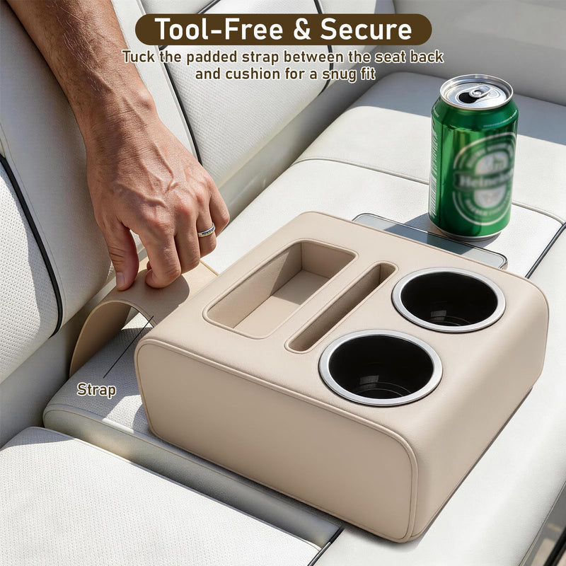 QualyQualy Pontoon Boat Cup Holder, No Drill Double Drink Holder with Side Pocket, Portable Cup Holder Organizer for Boat, RV, Car & Couch, 3.5" ABS No Rust Base Fits 12-40oz Cans & Tumblers, Beige Large-Beige